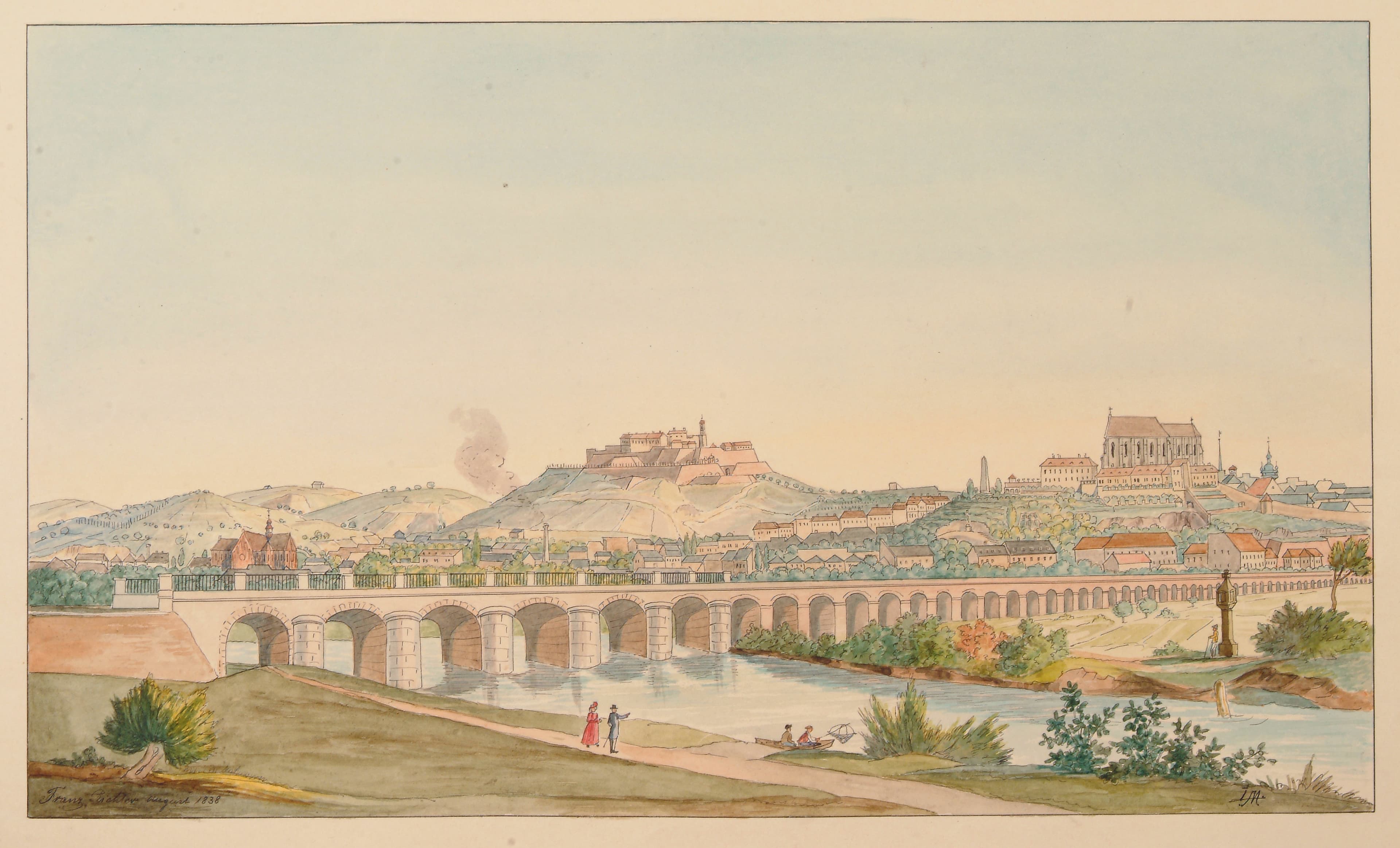 Železniční viadukt Brno 1838, dobová kresba.