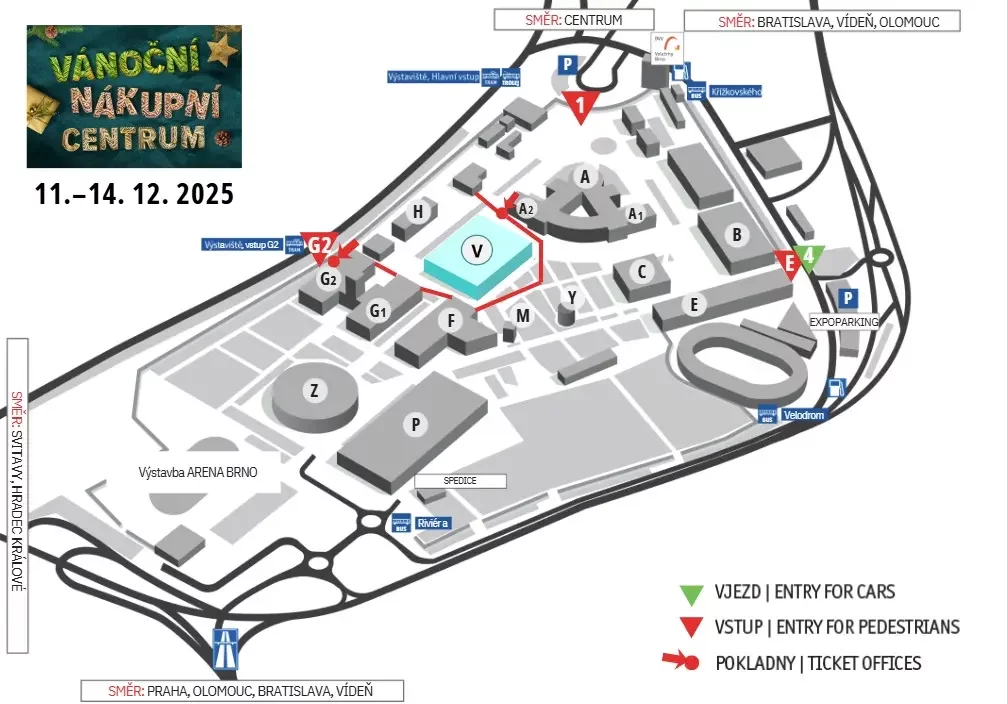 Vstup pro pěší doporučujeme hlavní bránou, případně můžete využít vstup G2 nebo vstup u pavilonu E. Pro vjezd vozidel slouží výhradně brána č. 4.